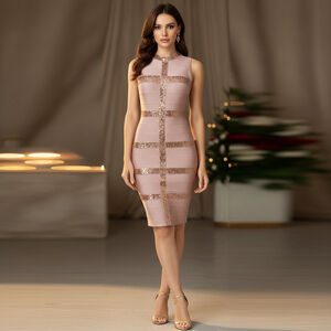 VENUS Luxe Rose Gold Sequin Heavyweight Bandage Dress Sz S Glam, Old Money